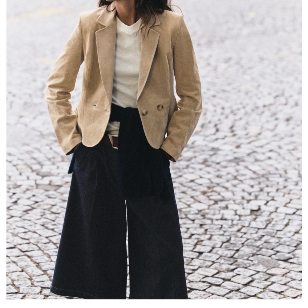 Suede Double-Breasted Tan Women's Blazer Jacket Zara Leather Collection - Picture 5 of 7